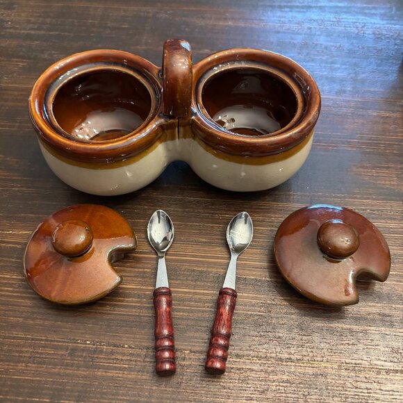 Vintage Brown Stoneware Double Condiment Crock Set with Lids/Spoons - Picture 2 of 3